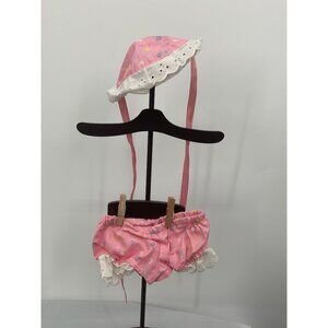 Vintage Baby Doll Bonnet & Bloomers Pink Alphabet Print Cotton Eyelet Trim